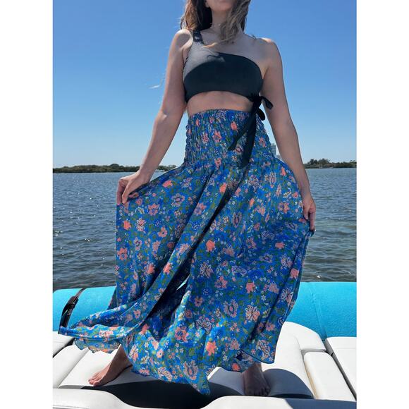 Ashley Taylor Pants - Maxi Pants Wide Leg High Waisted blue leaves